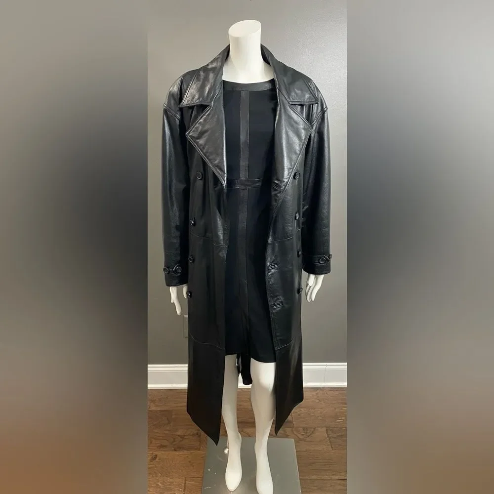Wilson’s Blk Leather Double Breasted Belted Button Up Full Length Trench Coat M - Picture 2 of 14